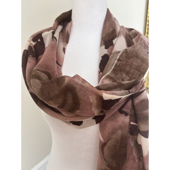 Talbots Womens 100% Wool Scarf Brown Floral Fringe - Picture 2 of 3